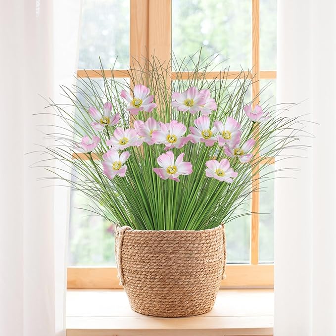 24 Bundles Artificial Flowers for Outdoors Onion Grass UV Resistant Greenery Stems Weed Artificial Fake Shrubs Grass Plant with Flowers Bushes Decoration for Indoor Outdoor Garden Office Home