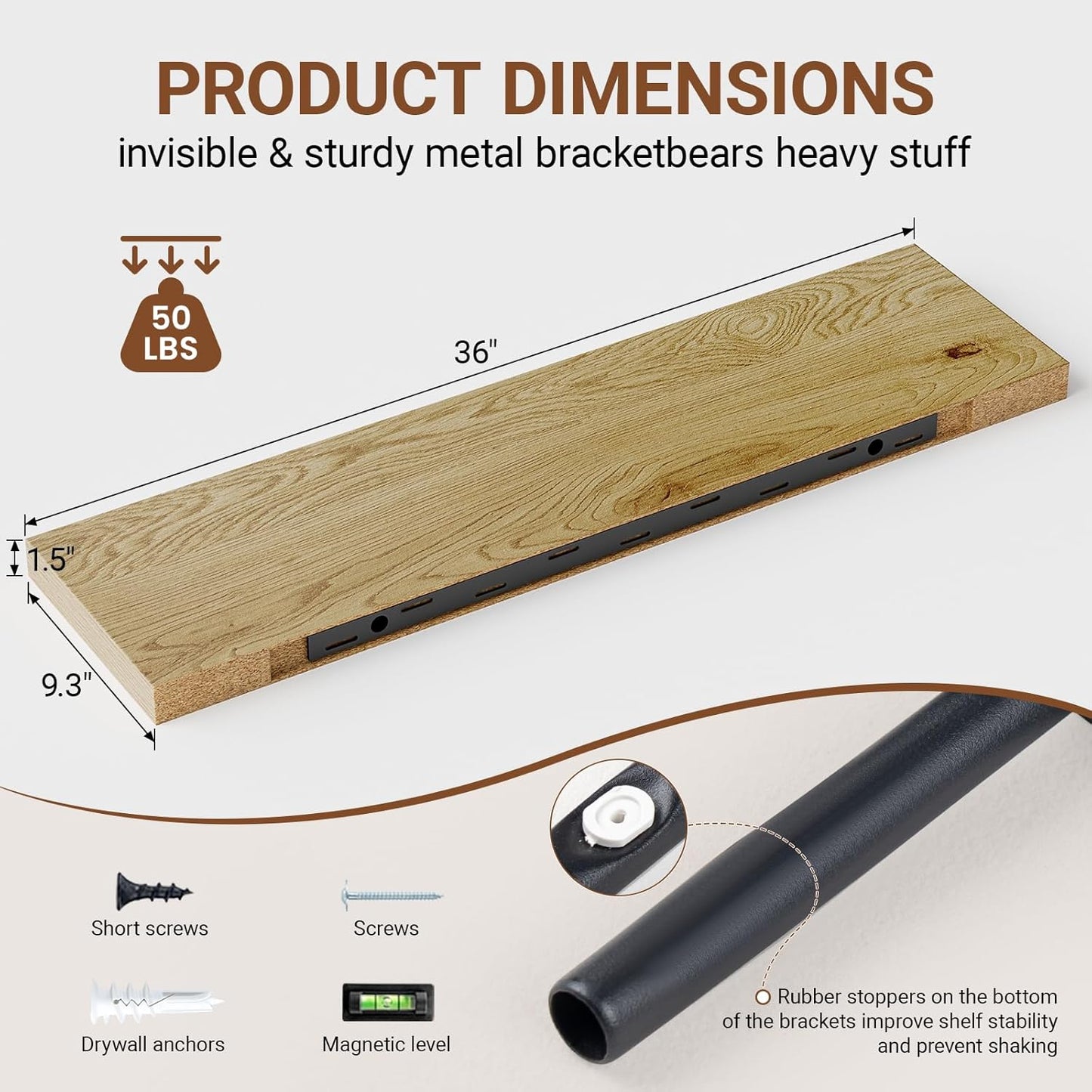 Heimlove Floating Shelves for Wall 36 Inches Long,9.3" Deep Oak Floating Shelf Set of 2,Wall Mounted Shelves for Bathroom Bedroom Living Room Kitchen Office,Shelf for Books Storage,Home Decor