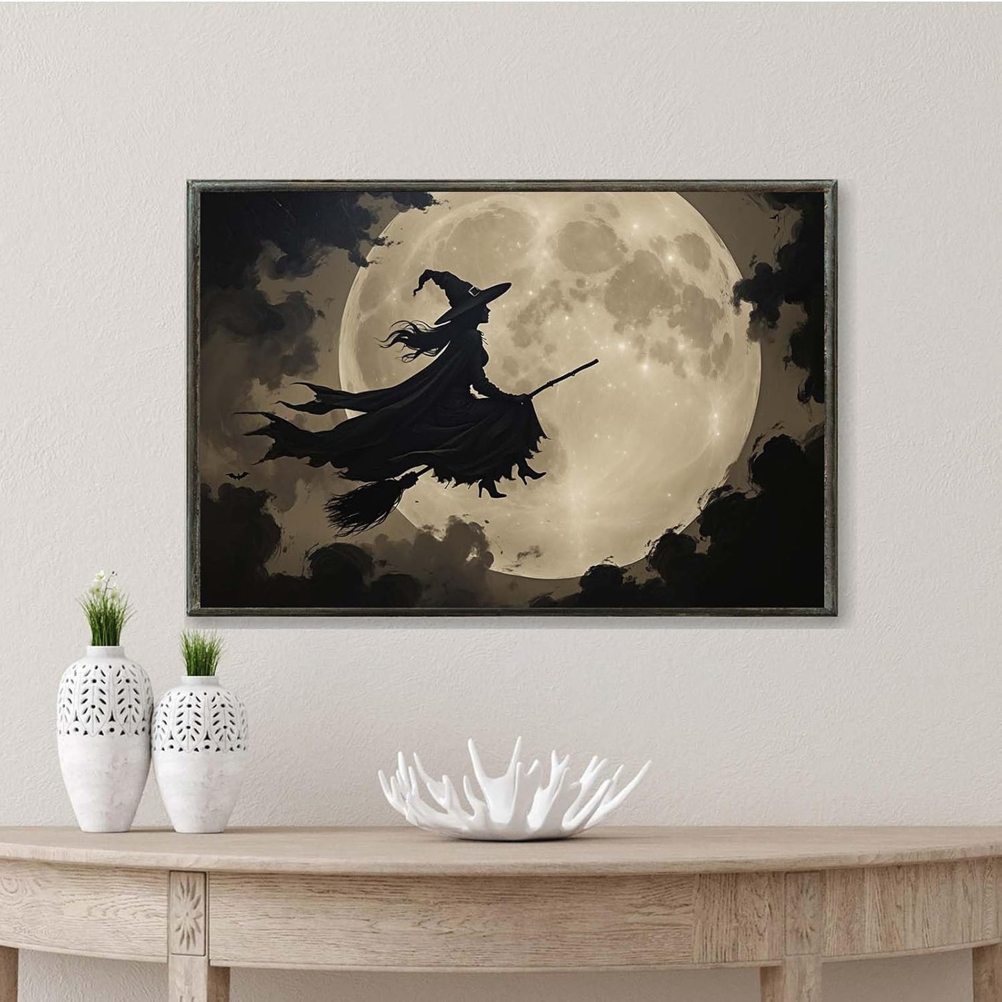 JFHCQJPK Full moon witch silhouette poster witch on magic broom Halloween mural poster decorative mural art suitable for home living room bedroom20x30in Metal blackFramed