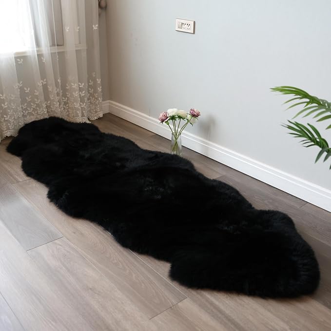 Sheepskin Rug, Fluffy Shag Area Rug, Super Soft 24” x 72“ Sheepskin Hair Rug, Inky Black Pile Rug, Decorative Throw Rugs for Bedrooms, Children's Rooms, Living Rooms (Inky Black, 24" x 72")