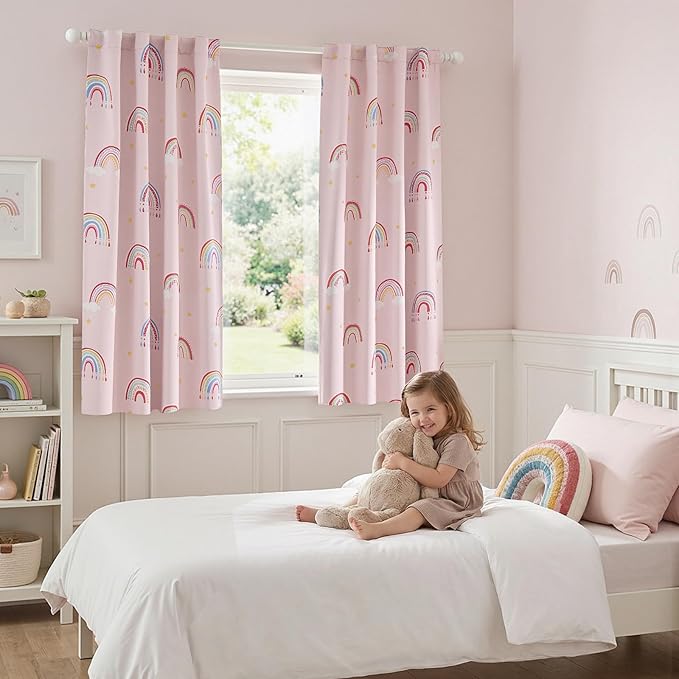 Vangao Blackout Curtains for Kids Bedroom Rainbow Pink Nursery Curtains 63 Inch Length Short Drapes for Teen Girls Thermal Insulated Room Darkening Boho Light Blocking for Living Room Set of 2