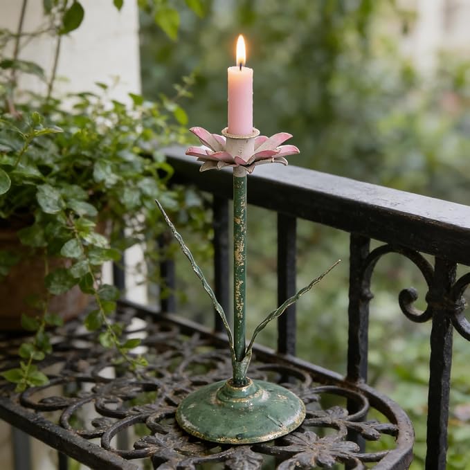 Vintage Lotus Flower Taper Candle Holders Set of 2, Distressed Green Metal Candlestick Stands with Pink Floral Design, Rustic Farmhouse Tabletop Centerpiece for Wedding, Dining & Home Decor