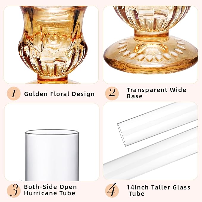 CHILL RECIPE Hurricane Glass Candle Holders-Set of 6 Tall Taper Candle Holder with 14” Tall Clear Cylinder Covers for Wedding Table Centerpiece Home Decor (Gold Base+Clear Chimney)