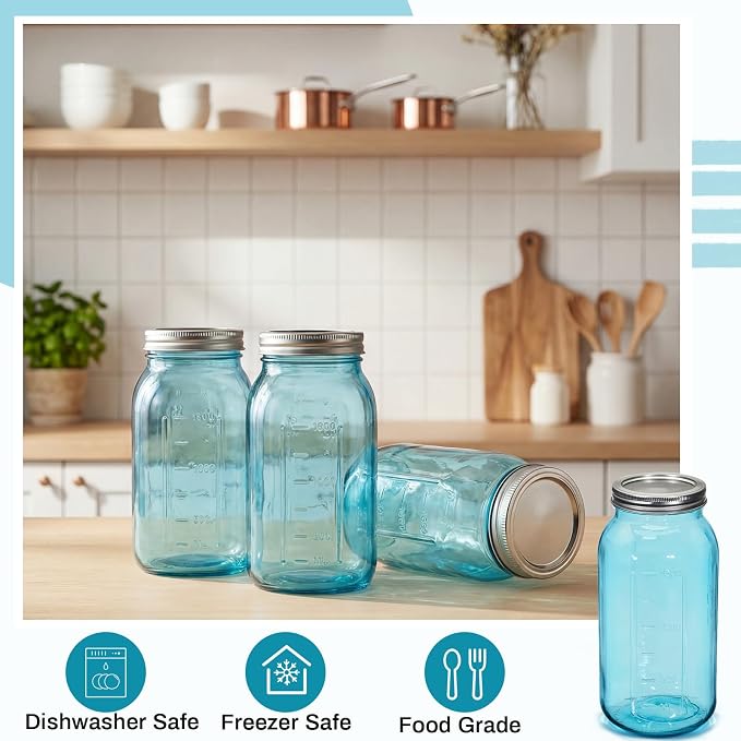 Norme 3 Pcs 64 oz Glass Mason Jars Glass Mason Jars Canning Container Set Embossed Half Gallon Fermenting Container with Airtight Lids for Canning Freezing Preserving Beverages Decor (Blue)