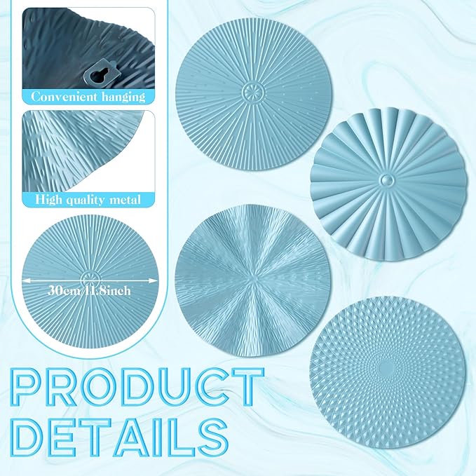 Hicarer 4 Pcs 12 Inch Metal Wall Art Decor Sunburst Hanging Metal Artwork Decor Wall Art Decorations for Home Living Room Office Gift for Christmas(Ocean Blue)