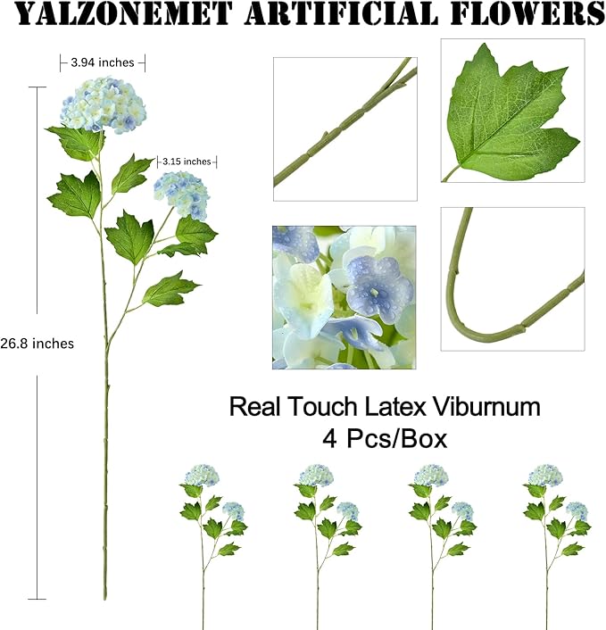 YalzoneMet Artificial Snowball Viburnum 4 Pcs 26.8 in Graduated Blue Small Hydrangea 2 Head Natural Lifelike Real Touch Faux Latex Long Stem Vibernum Flower for Home Decoration Outdoor Wedding Deco