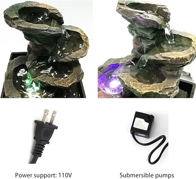 Indoor Tabletop Fountain Water Fountain with Light and Natural Waterfall Sounds for Desktop, Spa and Home Décor, 4-Tier Small Desktop Fountain for Leisure and Relax Zen Meditation