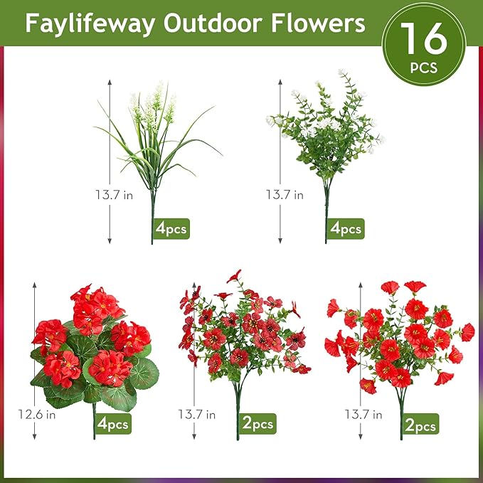16 Bundles Artificial Flowers for Outdoors, UV Resistant Silk Faux Flowers for Outside Planters,Garden,Porch,Yard,Home Decor(Red)