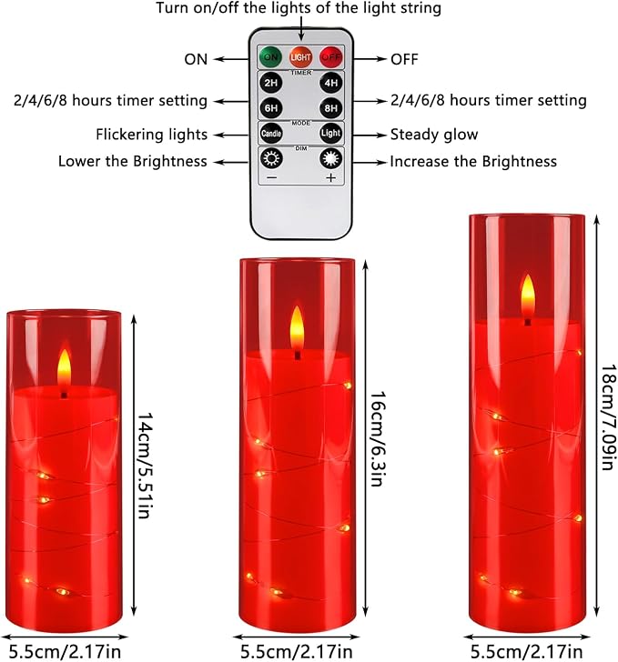 12‑Pack Red Flameless LED Candles(D 2.2" xH 5" 6" 7") with Embedded String Lights,Acrylic Pillar Candles with 2 Remote Timers, Battery‑Operated for Christmas, Halloween & New Year Decor.