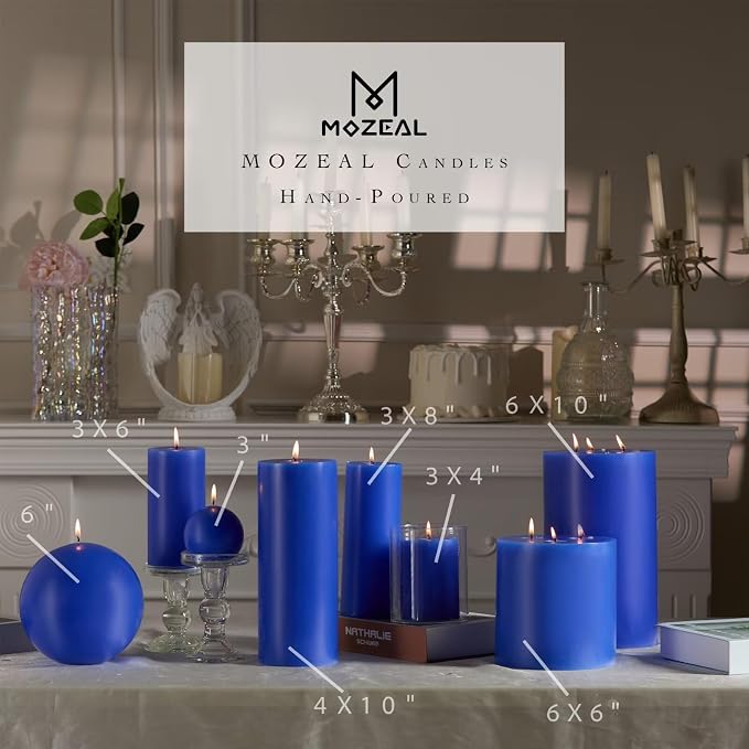 MOZEAL Hand-Poured, 3 Inch Blue Round Ball Candles - Elegant Blue Round Pillar Candles Set of 3, Dripless, Unscented, Smokeless, Ideal for Summer Parties.