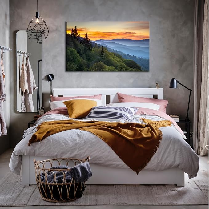 Large Nature Wall Art Great Smoky Mountains Canvas Pictures for Bedroom National Park Foggy Forest Wood Framed Painting Sunrise Photo Artwork Misty Landscape Living Room Dinner Home Decorations 32x48