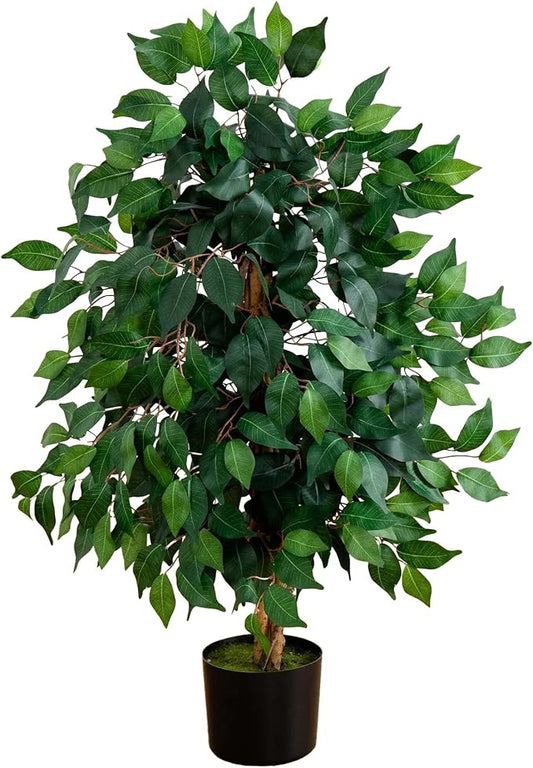 Nearly Natural 36in Triple Trunk Artificial Ficus Tree with Natural Wood Trunks, Fake Tree for Indoor Home Decor, Faux Ficus Plant in Black Nursery Pot