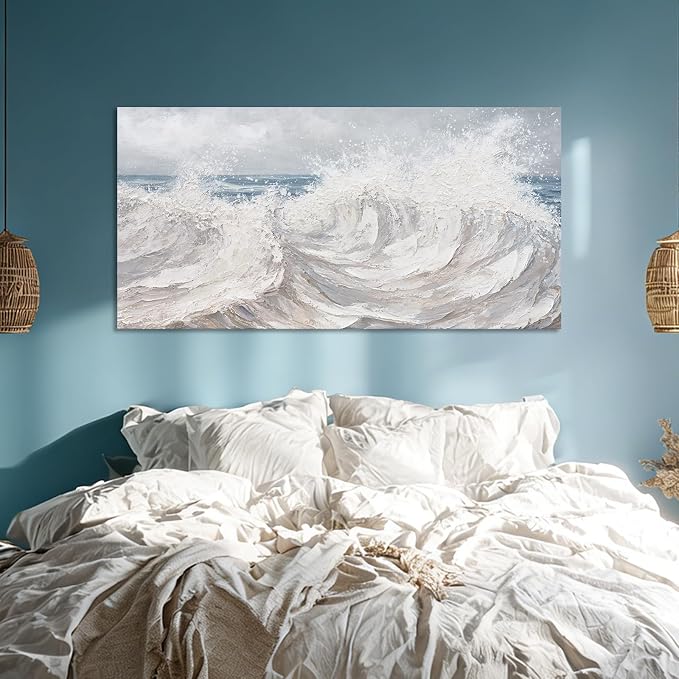 ZUNARE Abstract Ocean Wave Wall Art Blue Sea Canvas Painting with Gray Sky and Textured White Brown Waves, Moody Seascape Artwork for Living Room Bedroom Kitchen Office 24"x48"