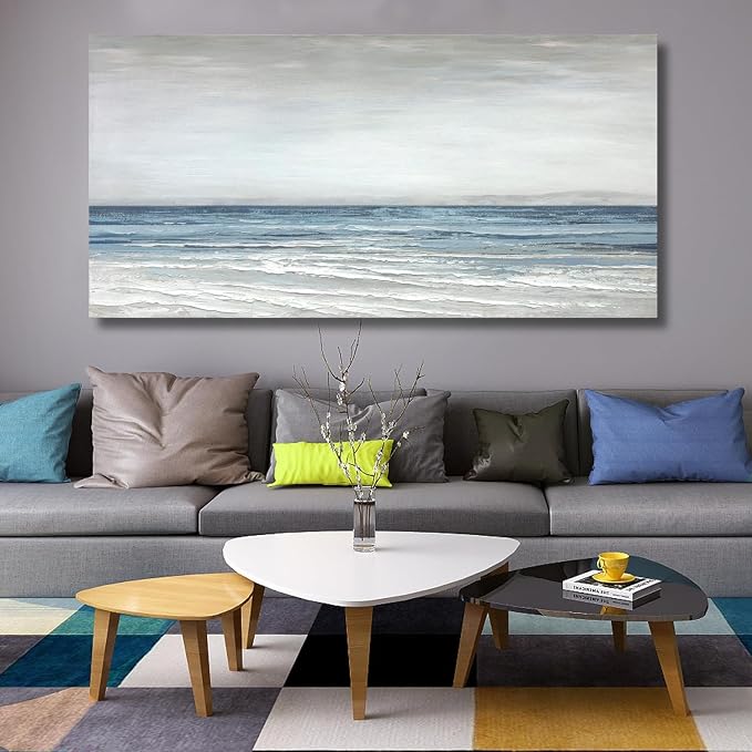 TRAIN2 ART Abstract Wall Art Painting Wall Decor Large Artwork Textured Blue and White Sea Background Canvas Wall Art for Living Room Bedroom Home Decor 24"x48"