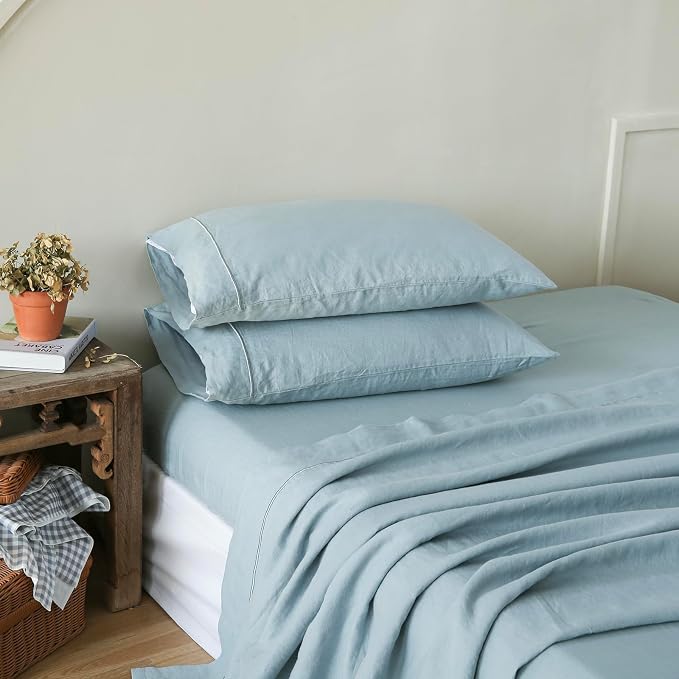 Simple&Opulence 100% French Linen Pillowcase King Size-Set of 2- Washed Solid Color Pillow Cases Embroidered -Soft and Durable (Dusty Blue, 20''x40'')
