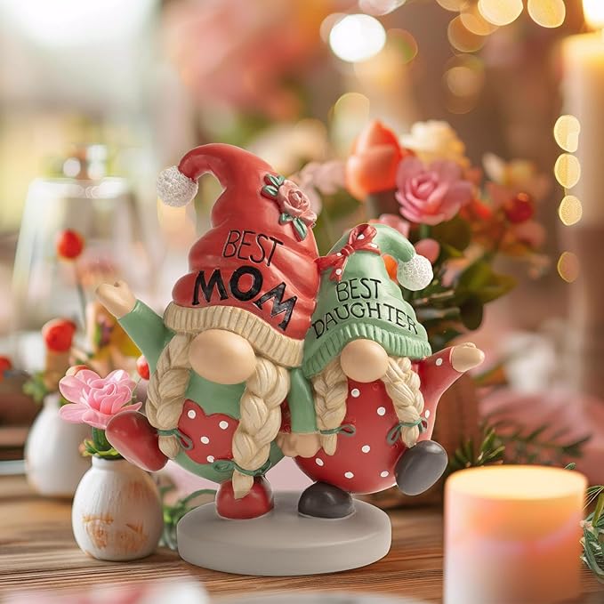 Mothers Day Gnome Figurines, Red Green Resin Best Mom Daughter Gnome Decor, Small Statue Birthday Gifts for Mom, Indoor Table Top Centerpieces Shelf Desk Tiered Tray Mantel Home Decorations