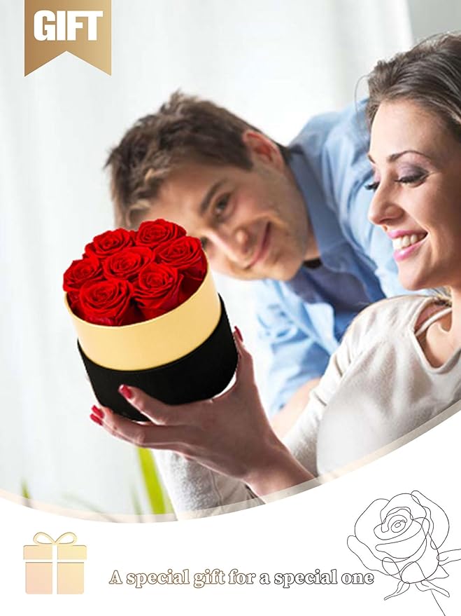 Beaulasting Long Lasting Preserved Roses in a Box Last a Year Forever Flowers for Her Mom Wife Anniversary Birthday (Round Black and Gold Box, Red)
