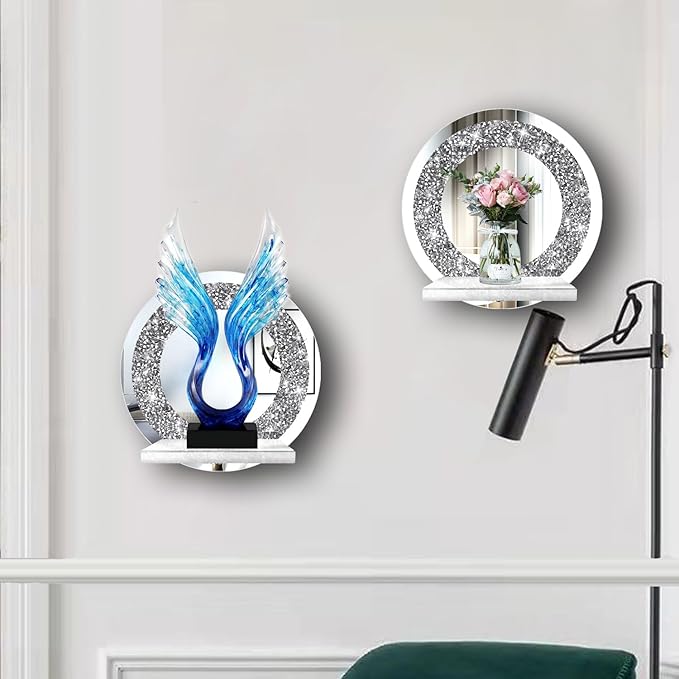 ZOLAPI Set of 2 Crystal Crush Diamond Candle Sconces, Gorgeous Silver Mirrored Wall Sconce, Candle Holder Glass Wall Decorations for Home Décor, Living Room, Dining Room.Round