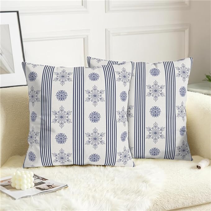 Winter Pillow Covers Blue and White Porcelain Blue Snowflakes Striped Throw Pillow Covers Navy Blue Floral Pillowcase 16x16 Set of 2 Neutral Cushion Case for Couch Sofa