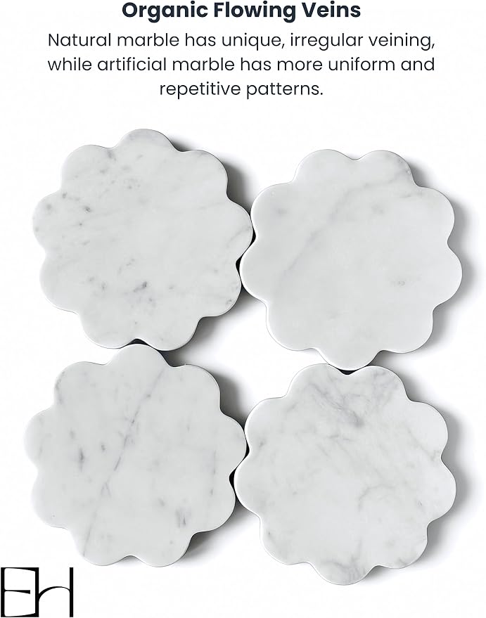 Marble Coasters Set of 4 - Natural Stone Coaster for Drinks, Modern Cup Holders, Bar Coffee Table Desk Decor, Cool Home Decor 4" (Calacatta White, Scalloped Round)