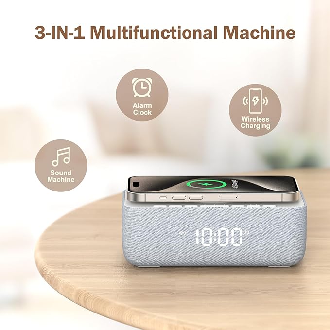 REACHER 15W Fast Wireless Charging Alarm Clock with White Noise Machine │ 20 High-Fidelity Sleep Sounds │ Gradual Wake & Unlimited Snooze │ 0–100% Dimmable Digital Clock for Bedroom & Office