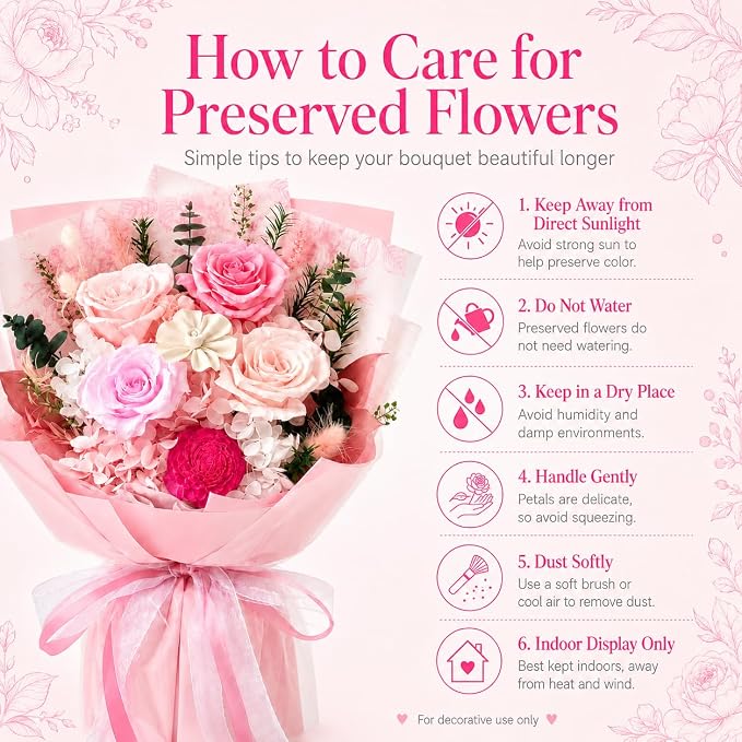 Pink Preserved Flowers Bouquet, Eternal Real Flower for Women Real Roses That Last 3 Years Handmade Floral Arrangement for Mother's Day Birthday Gifts Anniversary Surprise for Mom Women Her