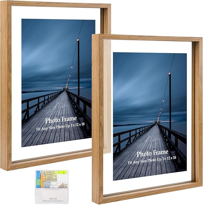 MUYE 12x16 Floating picture Frames Set of 2,Double Glass Frame,Display Any Size Photo up to 12x16,Wall Mount or Tabletop Standing,Natural