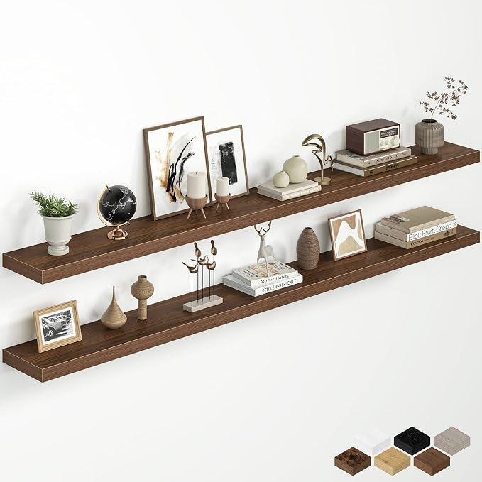 Fun Memories 72 Inch Floating Shelves for Wall, 8 Inch Deep Wall Mounted Wood Shelves with Invisible Brackets for Bathroom, Bedroom & Kitchen Storage Decor, Walnut, 2 Pack