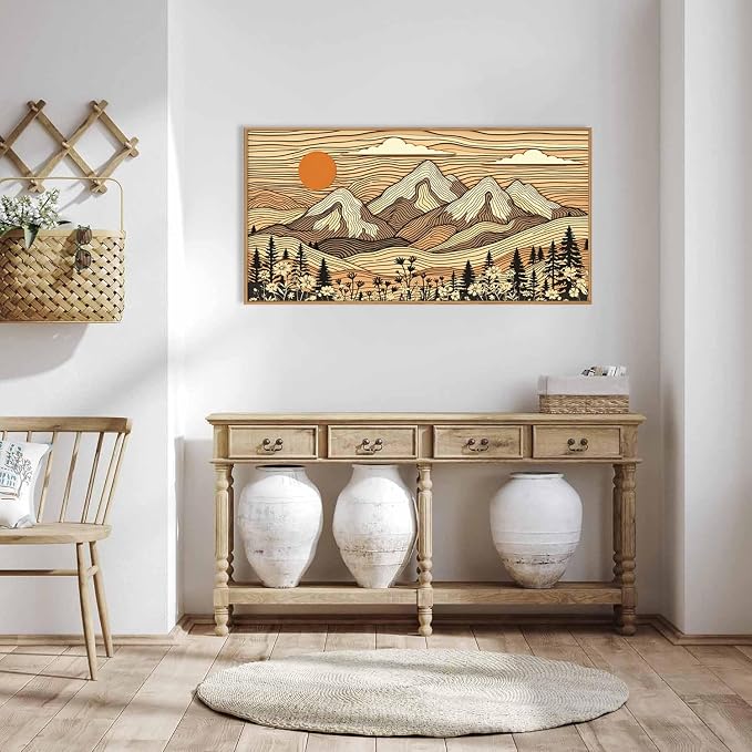 HPNIUB Large Boho Woodcut Mountain Framed Wall Art Set,Abstract Forest Wall Decor,Vintage Sunset Brown Art Print,Nature Wilderness Scenery Artwork for Living Room, Bedroom,Farmhouse -20"x40"