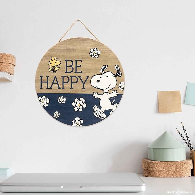 Peanuts Snoopy Be Happy Round Hanging Wood Wall Decor - Fun Snoopy Sign for Home Decorating - Great Gift Idea