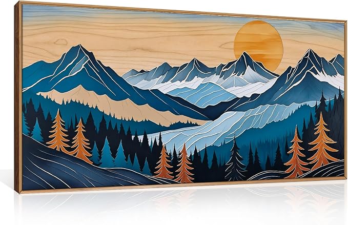 Boho Vintage Mountain Framed Canvas Wall Art Set, Blue Abstract Ridge Wall Decor,Woodcut Pine Tree Landscape Wall Painting,Sunrise Forest Art Print for Living Room,Bedroom,Office-20 X40