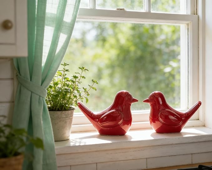 Small Red Bird Statue Ceramic 2-Piece Set, 3¾ inch Cute Knick Knack for Home Office Shelf Desk Decor