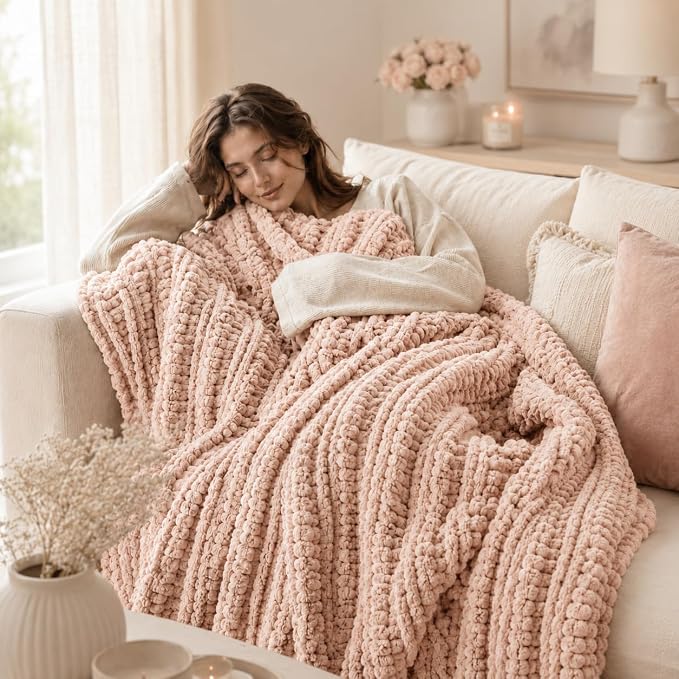 Battilo Chunky Knit Throw Blanket for Couch, 50"x60", Pink | Hand Knit, Gift Blanket for Girls, Women, Cozy Warm Thick Soft Chenille Throw Blanket for Chair, Sofa, Living Room