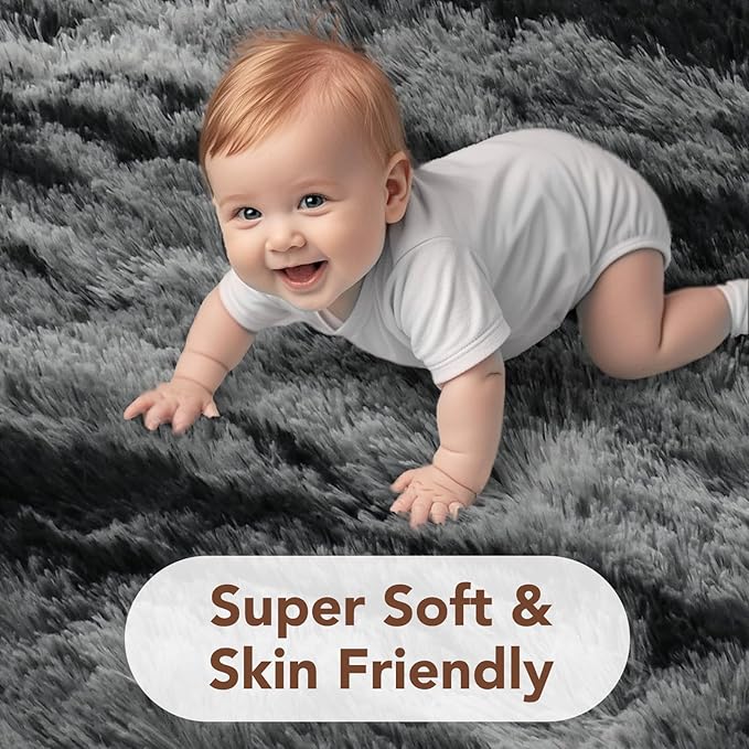 FinRèc 8x10 Rugs for Living Room Bedroom, Tie dye Striped Black Fluffy Shaggy Area Rug, Non-Slip Soft Shag Rug for Nursery Kids Room Dorm Room Home Decor, Indoor Plush Floor Carpet