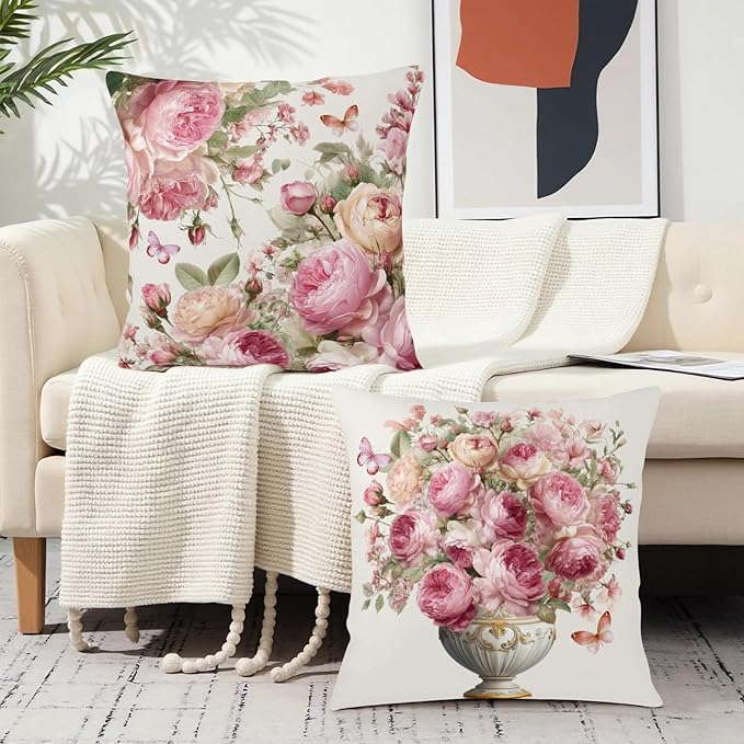 Pink Rose Pillow Covers Peony Flower Throw Pillow Covers Spring Summer Shabby Chic Floral Pillow Cases 22x22 Rustic Rose Farmhouse Cushion Cases for Home Bedroom Couch Sofa 2 Pcs