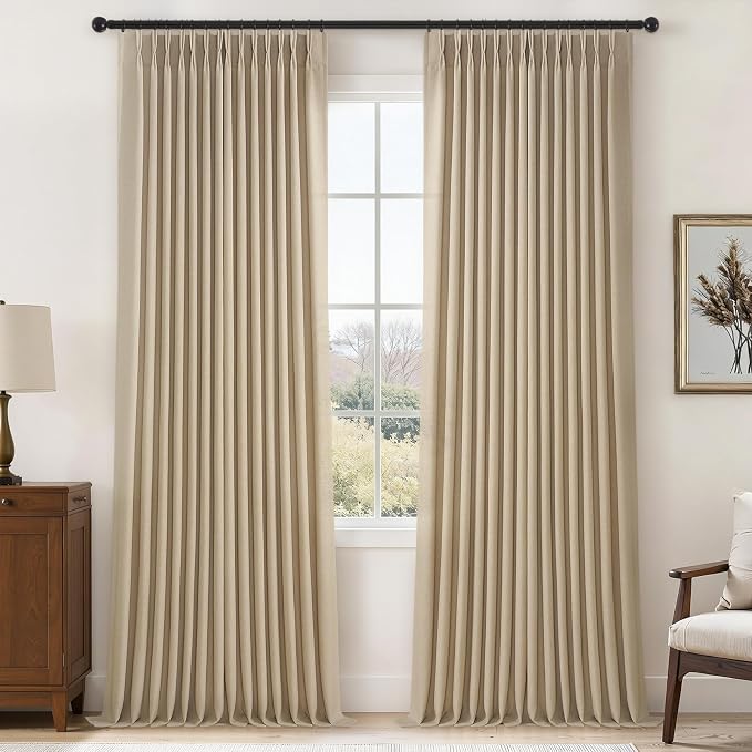 Burlap Pinch Pleated Linen Semi Sheer Curtains 96 Inches Long 2 Panels for Living Room Bedroom Rustic Country Oatmeal Khaki Thick Linen Textured Farmhouse Pinch Pleat Curtain Drapes with Hooks Rings