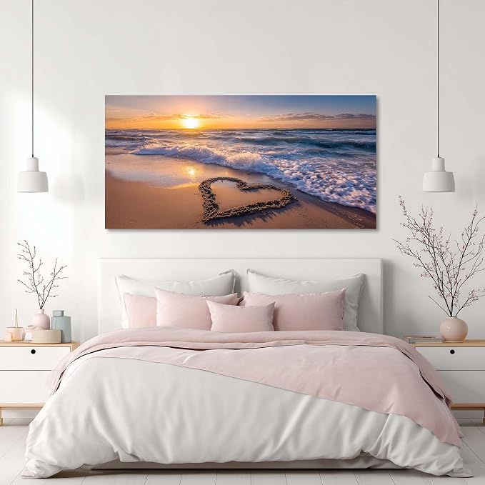 Ggaafet Romantic Love Beach Wall Art for Living Room Canvas Painting Prints Romance Sunset Brown Sandbeach Art Deco Modern Artwork Office Bedroom Family Room Decor Extra Large
