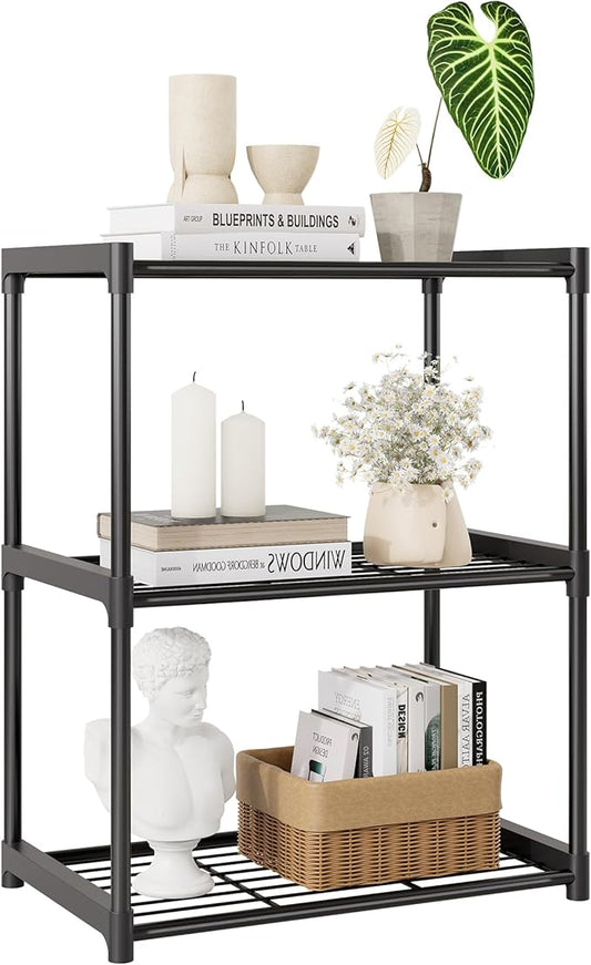 3-Tier Storage Shelves with Plastic Connectors – Metal Shelf Organizer for Pantry, Closet & Bathroom, Space-Saving Sturdy Shelving Unit Rack, Black, 17.3" x 12.8" x 28.9"