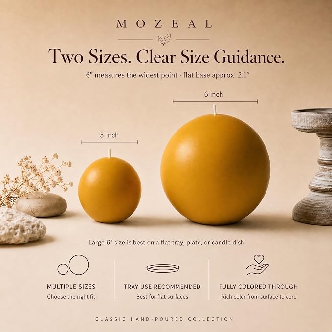 MOZEAL Hand-Poured, 3 Inch Mustard Yellow Round Ball Candles - Elegant Mustard Yellow Round Pillar Candles Set of 3, Dripless, Unscented, Smokeless, Ideal for Autumn Gatherings.