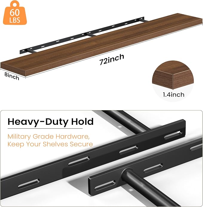 Fun Memories Floating Shelves for Wall, 72 Inch Long Set of 2 Rustic Wood Wall Shelves with Invisible Brackets, Heavy Duty Storage Display for Living Room Bedroom Kitchen, Walnut