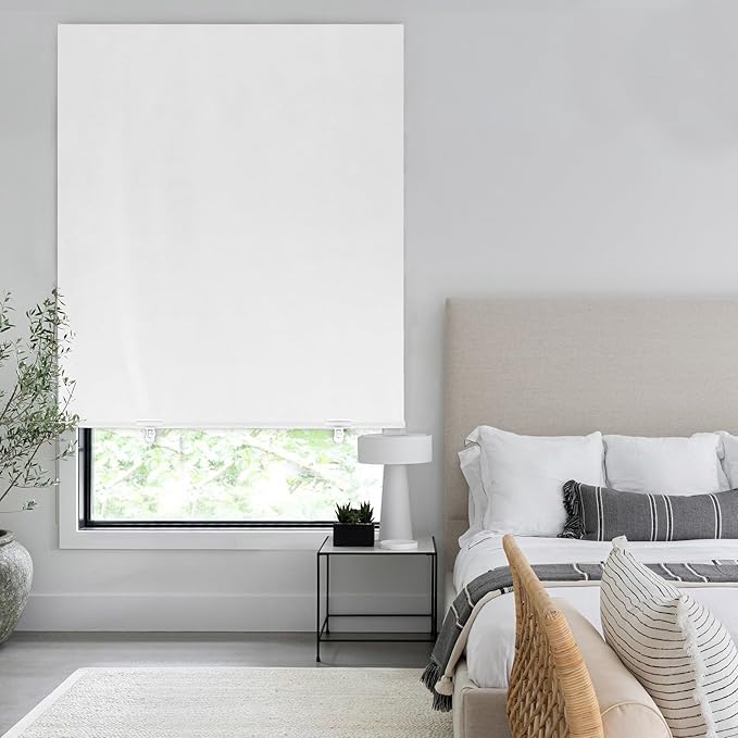 LazBlinds 100% Blackout Roller Shades, No Tools No Drill Cordless Blinds for Windows, Thermal Insulated UV Protection Privacy Window Shades for Bedroom (48''W x 72''H, White Silver)
