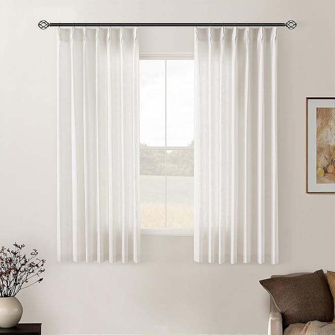 Cream Ivory Pinch Pleat Linen Short Curtains 54 Inch Long for Kitchen Pleated Hooks Rings Back Tab Light Filtering Boho Farmhouse Semi Sheer 54 Inch Curtain for Dining Room Bedroom Small Window