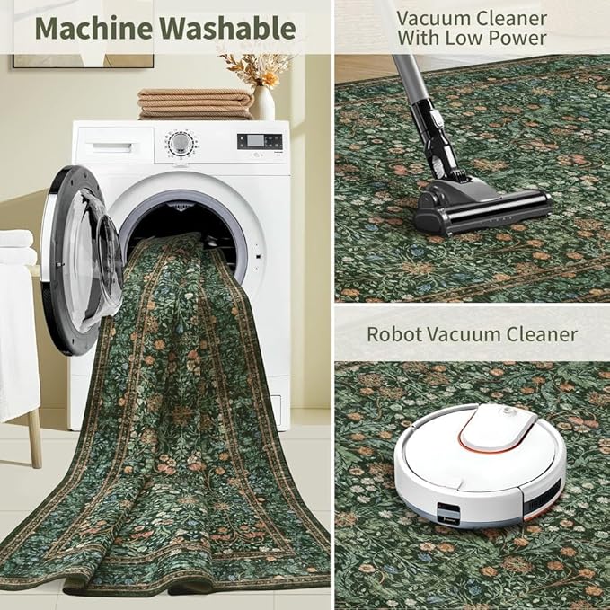 Rugxara 4x6 Area Rugs for Living Room Bedroom, Large Washable Rug, Green Vintage Floral Boho Rug, Non Slip & Low Pile Wool Accent Carpet for Indoor Dining Room, Kids Room and Office(Green 4x6ft)