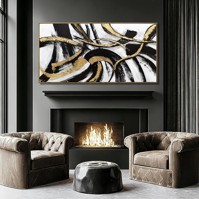 Kureful White Abstract Canvas Wall Art Gold Modern Artwork Black Line Prints Textures Picture for Walls Arts Posters for Office Bedroom Home 29"x58"