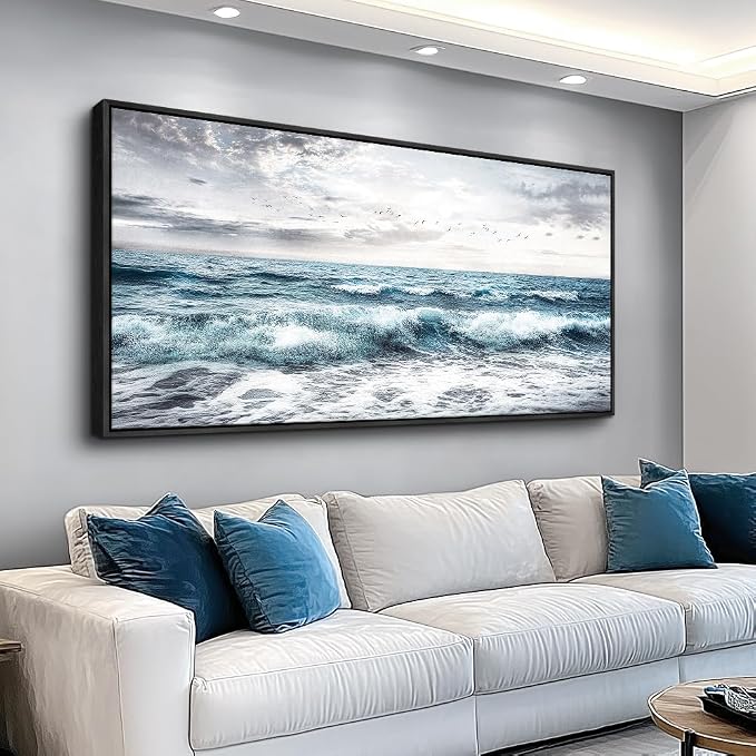 QIYILEXWART Black Framed Canvas Wall Art For Living Room Large Wall Decor For Office Bedroom Decoration Modern Watercolour Picture Ocean Waves Painting Artwork Room Ready To Hang