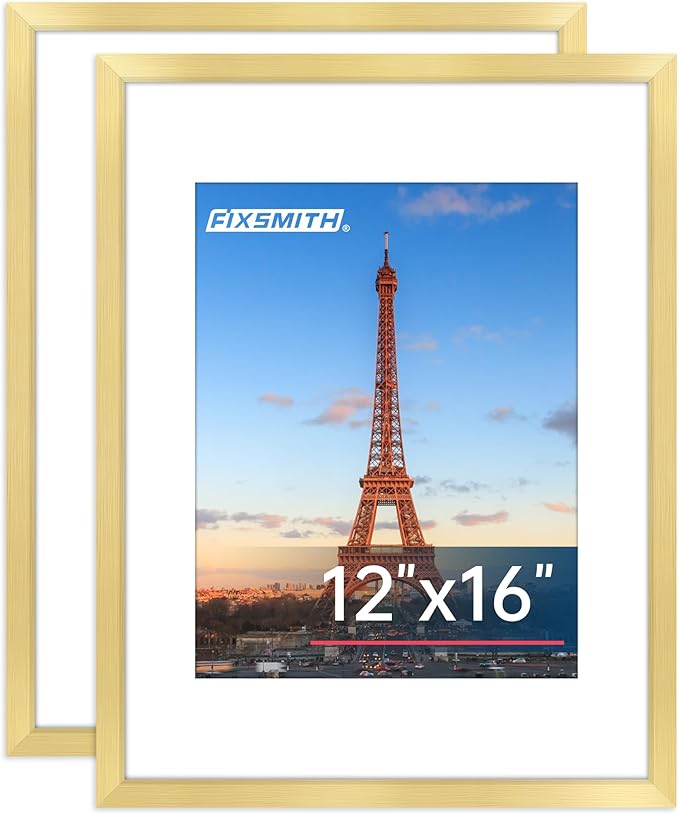 FIXSMITH 12x16 Picture Frame Gold Set of 2, Photo Frame with HD Plexiglass, Display Pictures 8.5x11 with Mat or 11x17 Without Mat, Gold Picture Frames Collage Wall Decor, Gallary Wall Frame