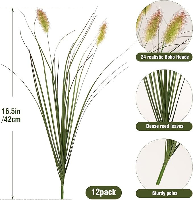 Ttranewsoo Artificial Grass, Fake Grass, Artificial Shrubs, Wheatgrass Cattails Fake Grass Decorations, Artificial Plants, Ornamental Grass, Outdoor Fake Grass, Green Leafy Decorations (12PCS)