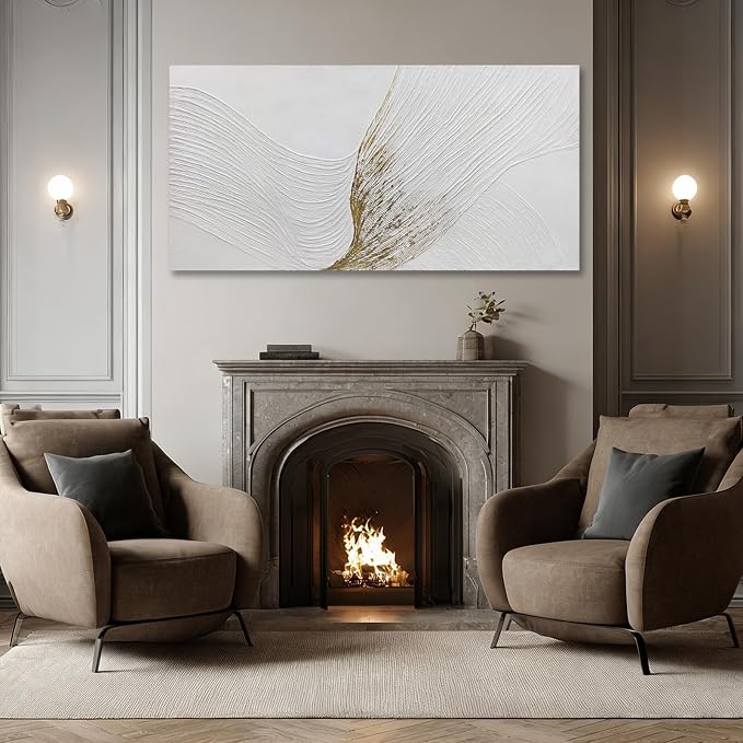 Hue7Art Modern Minimalist White and Gold Textured Canvas Wall Art Abstract Line Artwork Hand Painting for Living Room Bedroom Office Neutral Home Decor 24x48 Inch