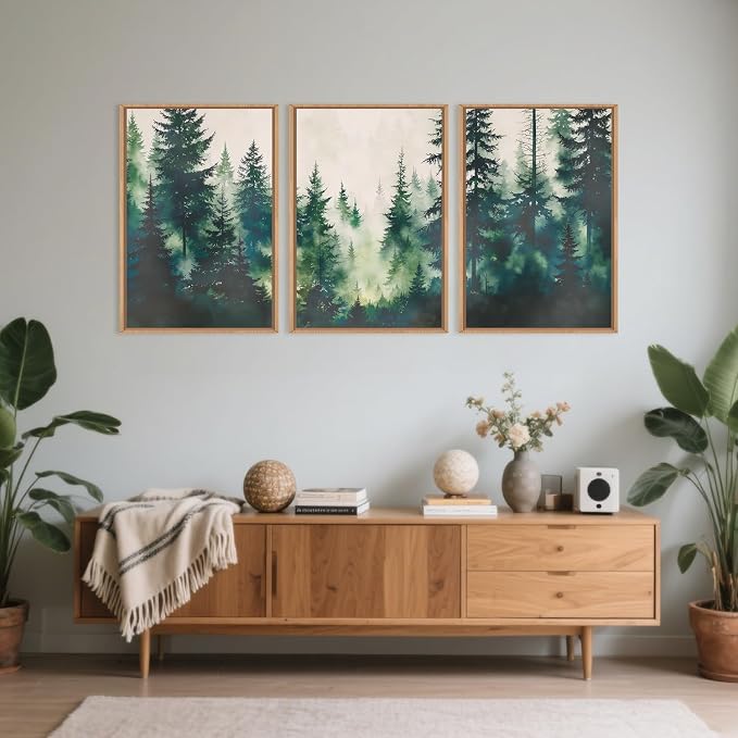 DRACIT Watercolor Misty Green Forest Framed Canvas Wall Art Set,Modern Foggy Pine Tree Wall Decor,Calming Greenery Boho Landscape Artwork for Living Room,Bedroom,Office-24 x36 x3