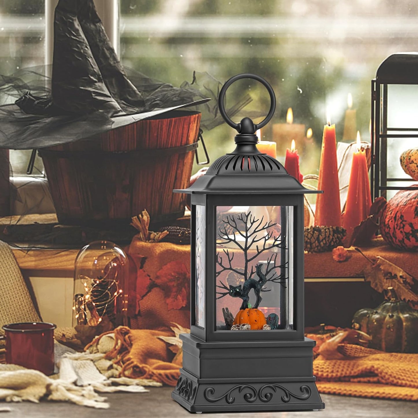 Halloween Snow Globe Black Cat Lantern, Glitter Lighted Snow Globes Halloween Decorations for Home, Light Up Snowglobe Halloween Décor